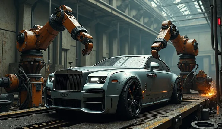 "A futuristic factory filled with massive, industrial machines meticulously assembling a Rolls Royce car. Giant robotic arms, covered in grease and grime, work with precision to attach components to the cars sleek metallic frame. The atmosphere is dark and...