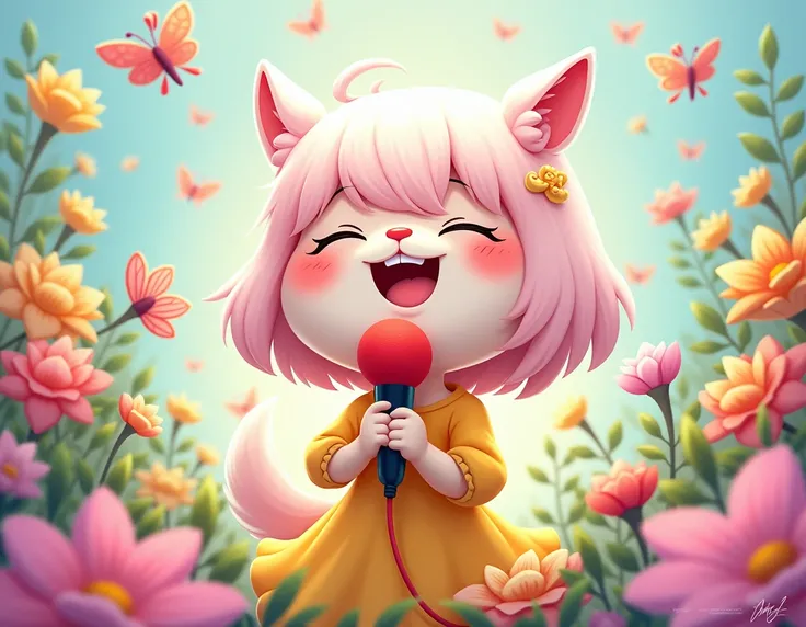 A cute, cartoonish, digital painting of a light-pink/white-haired, yellow-dressed girl-like creature holding a red microphone, surrounded by colorful flowers and butterflies, with a vibrant, slightly pastel color palette and a whimsical, joyful style that ...