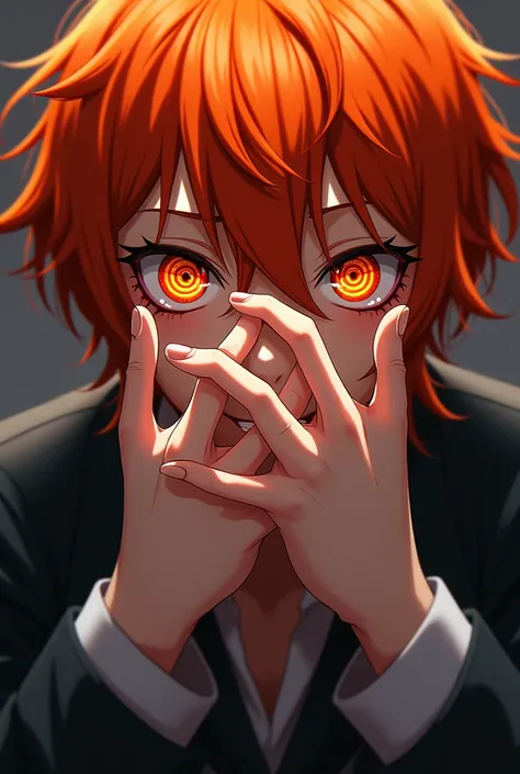 hands.  chainsawman anime style. Spiral pupils ,  orange pupils , orange hair. sensual, provocative 

