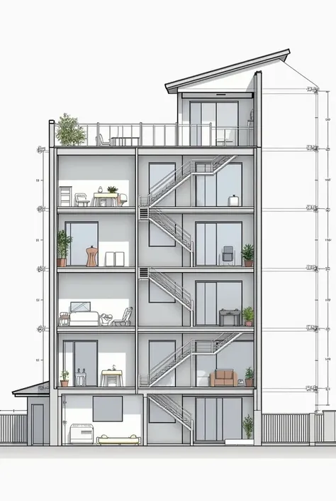 i need section view drawing for Five stories with 2 residential units per floor.
Each unit includes:
2 Bathrooms
1 Kitchen
Assume appropriate sanitary appliances for Kitchen and Bathroom 
