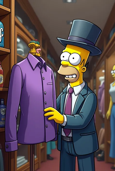 Create a picture of simpson shopping a purple shirt and wearing a purple gentlemans hat