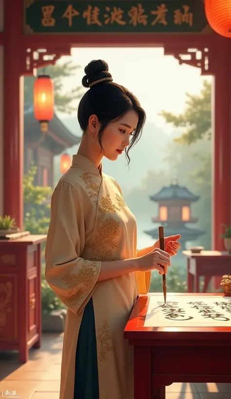 China
"A Chinese teacher, a poised woman with sleek, jet-black hair styled in a neat bob cut. She wears a modern yet traditional qipao-inspired outfit with intricate gold embroidery. Her classroom is an elegant ancient-style room with red lacquered furnitu...