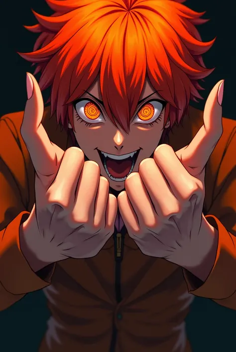 hands.  chainsawman anime style. Spiral pupils ,  orange pupils , orange hair. sensual, provocative 

