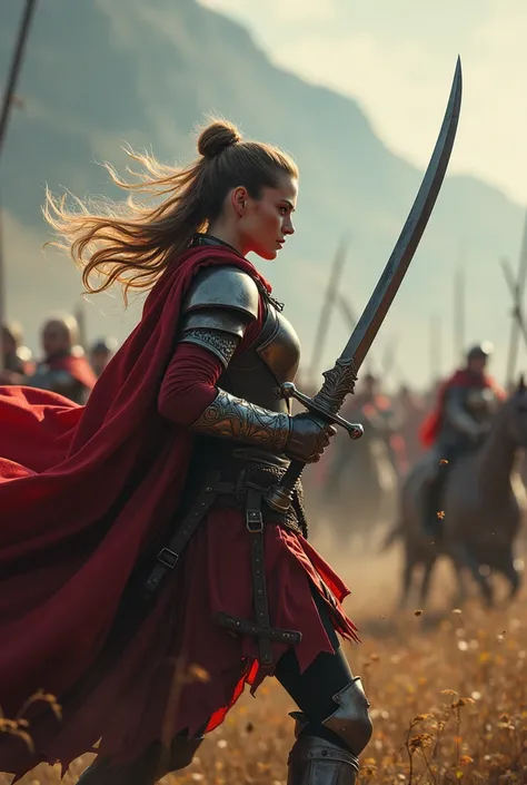 Female warriorThe background is a vast and vast battlefield, with many people fighting. The background is the most realistic and magnificent in the world.A female warrior is fighting enemies with the most realistic sword in the world.