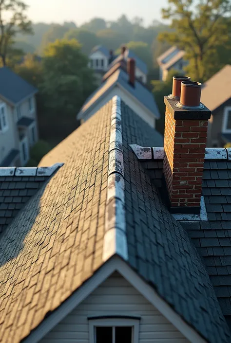 a roof of a common American house with a chimney, the view is from the roof so you can see the other houses. 