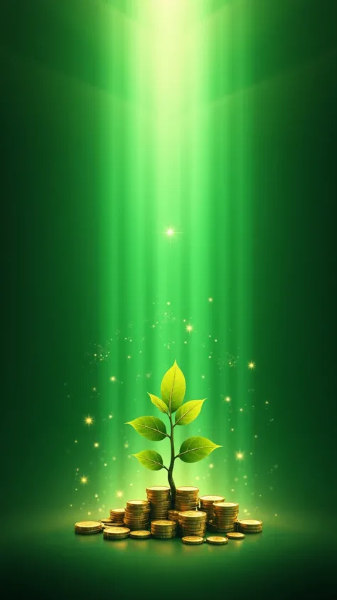 "A serene and empowering image symbolizing green as the color of stability, growth, and the ability to steadily build wealth. The composition features a glowing green background with soft light beams and intricate patterns of leaves, trees, and sacred geom...