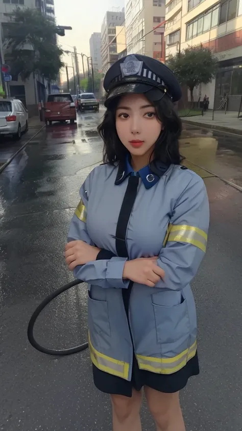 a picture of susu_jpg,woman,looking at viewer, face focus,wearing a  police uniform,firefighter outfit,city streets,holding a hose, outdoors,  kodak 126 film,high-resolution,