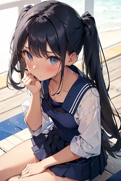 ((master piece)), ((best quality)), 
perfect anatomy, perfect finger,
((1 girl)),
((Twin-tail long straight black hair)), 
(she wears a navy blue color school sailor uniform and she wears a navy blue color one-piece school swimsuit as innerwear and she wea...