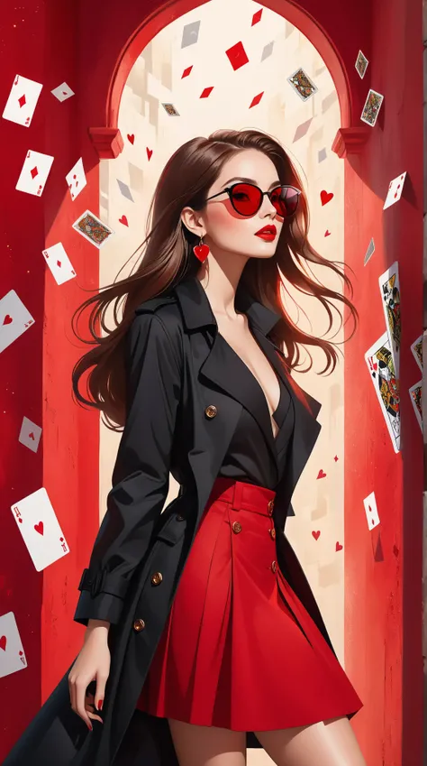 Create a dreamy and enchanting scene inspired by "Shape of My Heart." Imagine floating playing cards in the air, radiating a mystical aura. The illustration features a beautiful girl standing gracefully against a wall, exuding confidence and charm. She has...