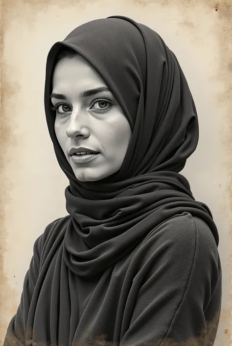 pencil drawing of a beautiful Muslim woman wearing a hijab, wearing a black sweater, pencil scribbled background, real drawing on vintage paper