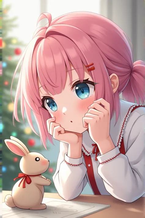  illustration ,  pink hair,  blue eyes , female, cute rabbit statue, Half-tied hair,  Christmas 