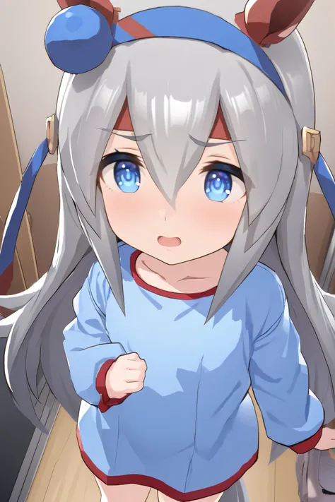 NSFW,masterpiece, top quality , High Definition , very detailed, tamamocross (Uma Musume)、Horse&#39;s ears、 ear covers、 horse tail、Gray Hair、 long hair、 hair bow、 hair between eyes、 blue eyes、 hair ornament、 headband, nightgies ,Kindergarten clothes,Smock