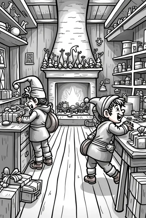 Create for. me in thick black and white drawing line of size 8.5x 11 inches for my colouring book a Santa’s workshop with elves making toys and wrapping gifts.
