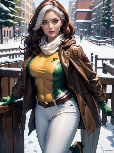 (masterpiece:1.0), (best_quality:1.2), (dark shot:1.3), Classic Rogue, 1991 Rogue X-Men, 1 girl, Only 1, head to toe view, she is standing near a wooden fence, elegant pose, (clothing: brown winter coat with a hood, down lining, white scarf, green sweater,...