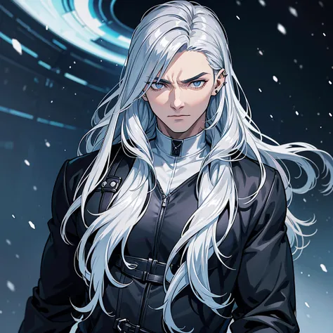 Create an anime-style portrait of a muscular man with flowing silver hair and piercing silver eyes. He should be wearing a stylish, open coat with a dark lining. The background should be a moody cityscape at night, with rain or snow falling. The overall co...