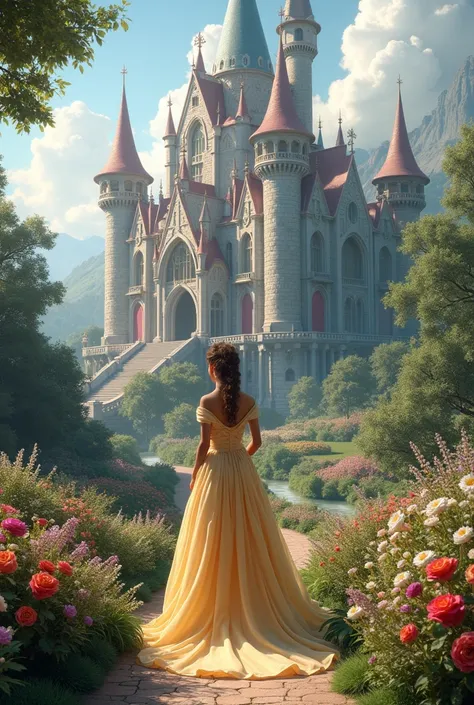 a princess with a  big and beautiful castle surrounded by flowers