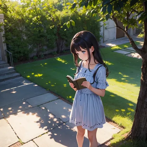 View from side above. 1girl, Solo, standing and reading a book under neath a tree. Wearing a loose pattern summer dress.