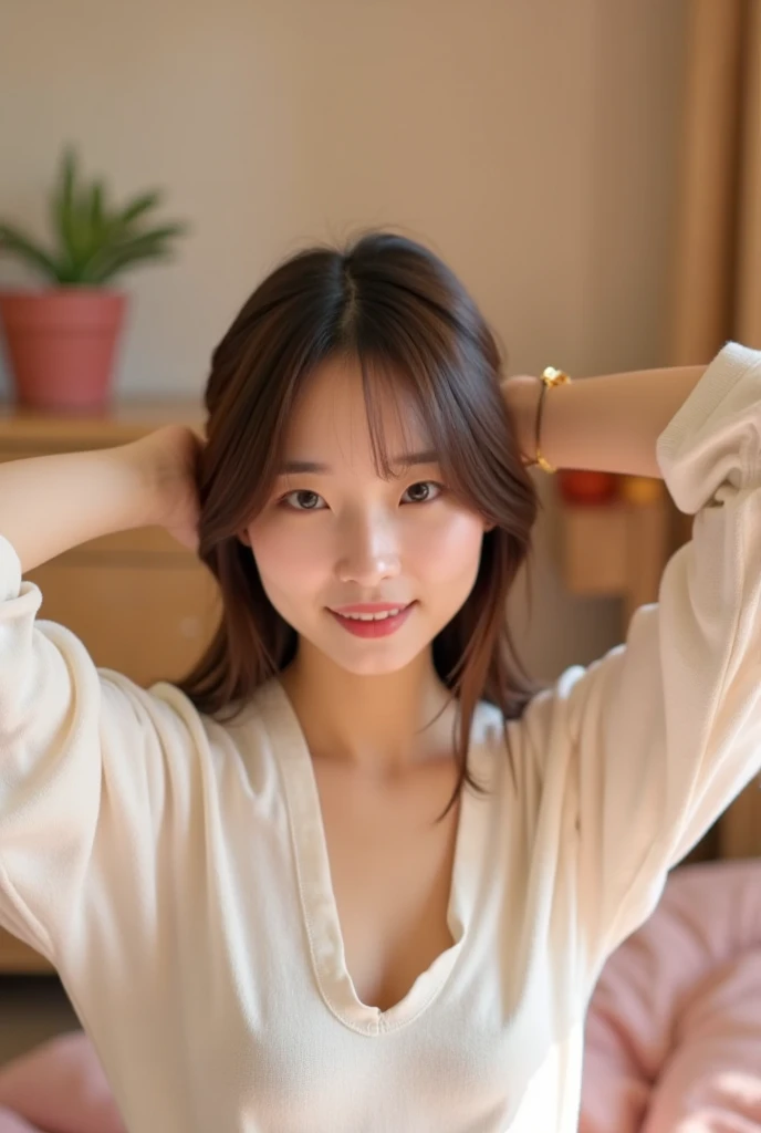 Photorealistic, high-quality 32k photo　Top quality,  Japanese women,Plain girl　Bob Cutr , brown hair, 　Cute girly room　 raise your hands and 　 armpits