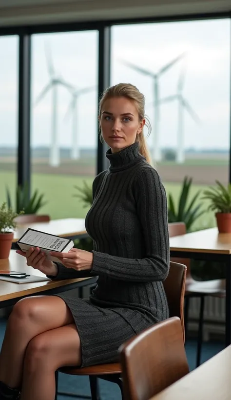 Denmark
"A stunning Danish teacher with icy blonde hair styled in a sleek ponytail and radiant blue eyes. She wears a form-fitting knitted dress with a high slit, paired with thigh-high leather boots. The classroom is a minimalist Scandinavian design with ...