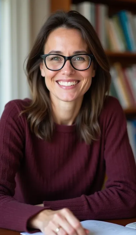 A pleasant 36-year-old woman with a soft smile, wearing a burgundy sweater and glasses, sitting at a desk with books in a home office setting.