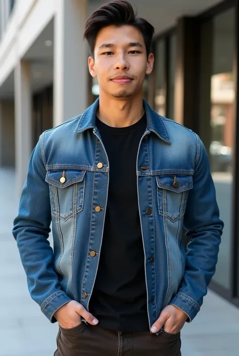 Portrait photo Big muscular man, tight chest ,  Muscle Bundle,  . Asian young man with neat dark brown hair standing outdoors against the backdrop of a fashionable building..  He wears a stylish blue denim jacket.  ,  combined with black round neck T-shirt...