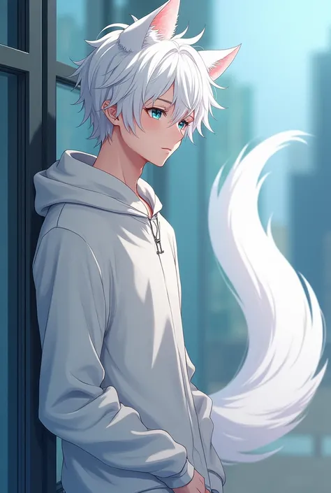 Anime Manwha adult male, cabello blanco, Blue slanted eyes,  white fox ears and tail, cuerpo normal,  modern clothing light colors , shy;