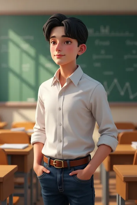 A handsome boy,dark hairs, wear white shirtand darkblue ben,background is in classroom 