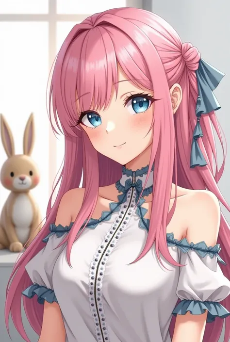  illustration ,  pink hair,  blue eyes , adult, female, cute rabbit statue, Half-tied hair, Haughtiness, Long hair,  dress