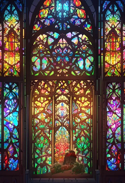 a close up of a stained glass window with a christmas stocking, stained glass art, stained glass style, glowing stained glass backdrop, beautiful stained glass window, stained glass window, intricate stained glass, stained glass!!, backlit stained glass, s...