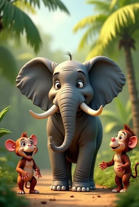 In cinematic 3D cartoon style "• Image of the Elephant Making a Joke
The elephant, standing tall, with a wise smile, makes a funny comment about the monkey’s accident, while the other animals continue to laugh, making the jungle scene feel full of lighthea...