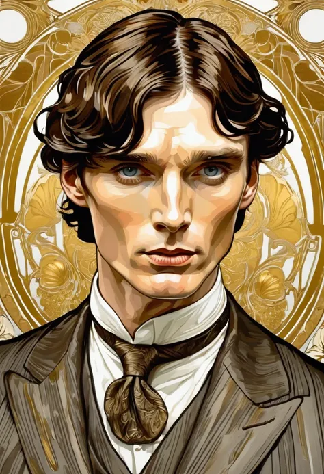 Cillian Murphy, and sharp intensity of Cillian Murphys face.ccxl-mucha, Tomás shelby Art style, gold and wite, retrato,elegant style 1920,