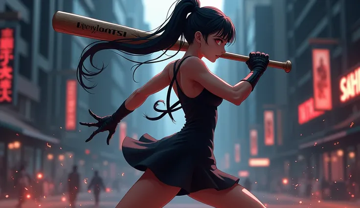  a beautiful woman , wearing a black dress , baseball bat holder , fights ,  anime style 