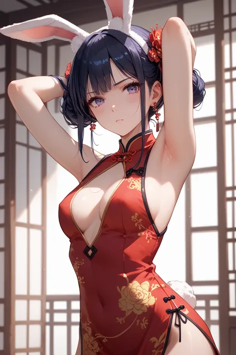 Look at your armpitsせ，blush，Look at your armpits， no background ， is transparent，Stare at Pe ， No Nipples， standing， bunny girl, China Dress