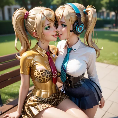  mother and young daughter in extremely tight shiny golden latex polo shirt,  side ponytail,  blonde hair , Lens reflection,  reflecting light ,  high resolution,  masterpiece, pleated skirt, saliva, salivafluss, salivaspur, with corset, Ditzen in the park...