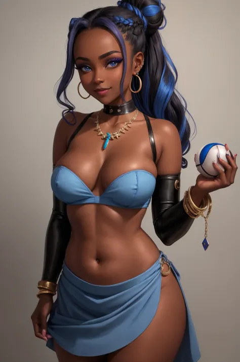 best quality, masterpiece, highres, solo, {nessa_pokemon:1.15}, dark-skinned_female, dark_skin, multicolored_hair, two-tone_hair, long_hair, black_hair, blue_hair, blue_eyes, jewelry, earrings, makeup, hoop_earrings, hair_bun, eyeshadow, single_hair_bun, n...