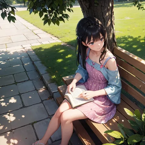 View from side above. 1girl, Solo, is sitting on staircase and reading a book under neath a tree. Wearing a loose pattern long summer dress. Hair tie at the back.