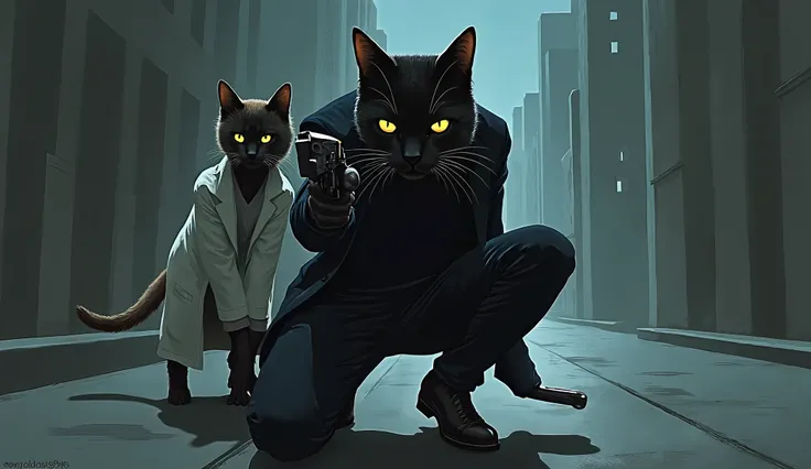 (anthropomorphic cat) Spy cat, secret agent cat 009 Lives. Posed with his 9mil gun at the ready. peering around a corner at night. A girl scienti cat in lab coat is behind him, shes scared. Film noir style.