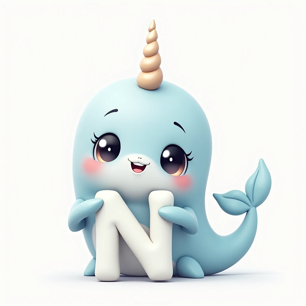 create an image, Cute Narwhal holding the letter N Clipart, highly detailed, cute and adorable, on white background.