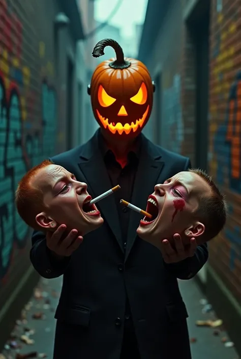 A cinematic shot of a headless man with a jack-o-lantern mask holding two severed heads in his hands. One head is laughing cigarettes in his mouth and the other is crying baby feeder in his mouth. The background is a dark alleyway with graffiti-covered wal...