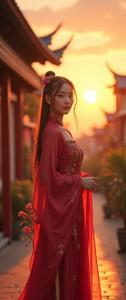 (8K,  Best Quality , masterpiece:1.2),(Practical, photo-realistic:1.37),  super detailed , (( 1 girl)),  elastic  ,Wearing Hanfu，(25 years old)， charming，， beautiful sunset ，( Smile:1.15),(Residence), beautiful and delicate eyes ,(Medium:1.2), Long flowing...