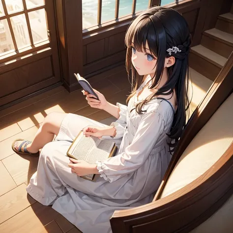 View from side above. 1girl, Solo, is sitting on staircase and reading a book. Wearing a loose pattern long summer dress. Hair tie at the back.