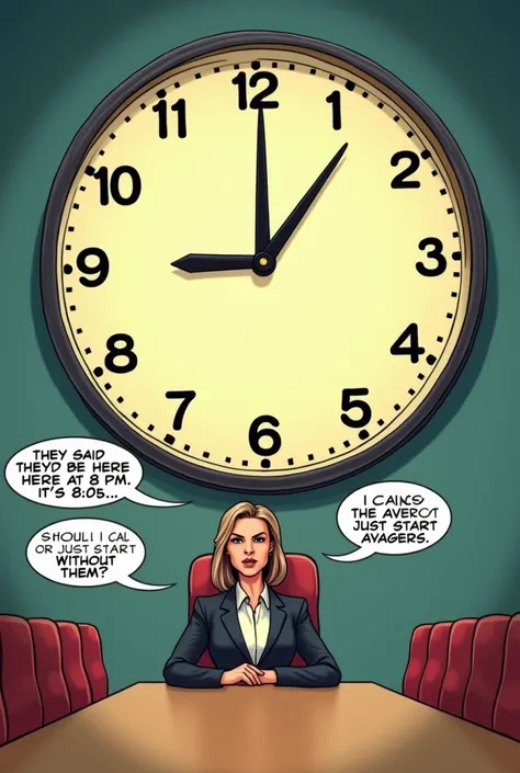 "A humorous scene of a female CEO sitting at a long, dramatically empty boardroom table, looking impatient. A giant clock in the background shows 8 PM. The CEO is dressed professionally in a suit, with an exaggerated, comically annoyed expression. Thought ...