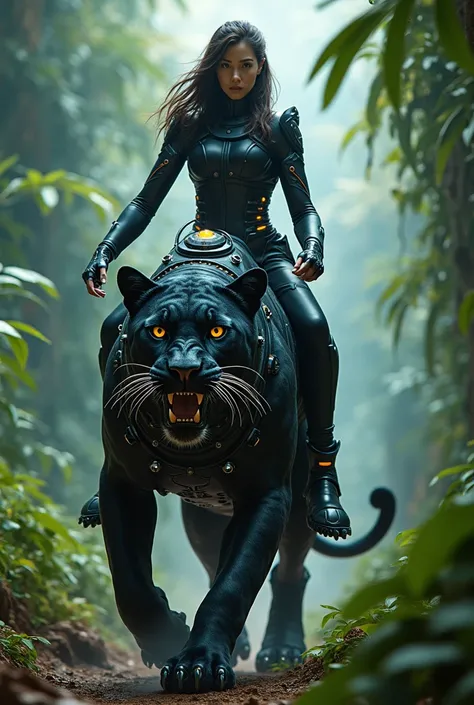 Woman riding a giant panther in the jungle. Style futuriste.