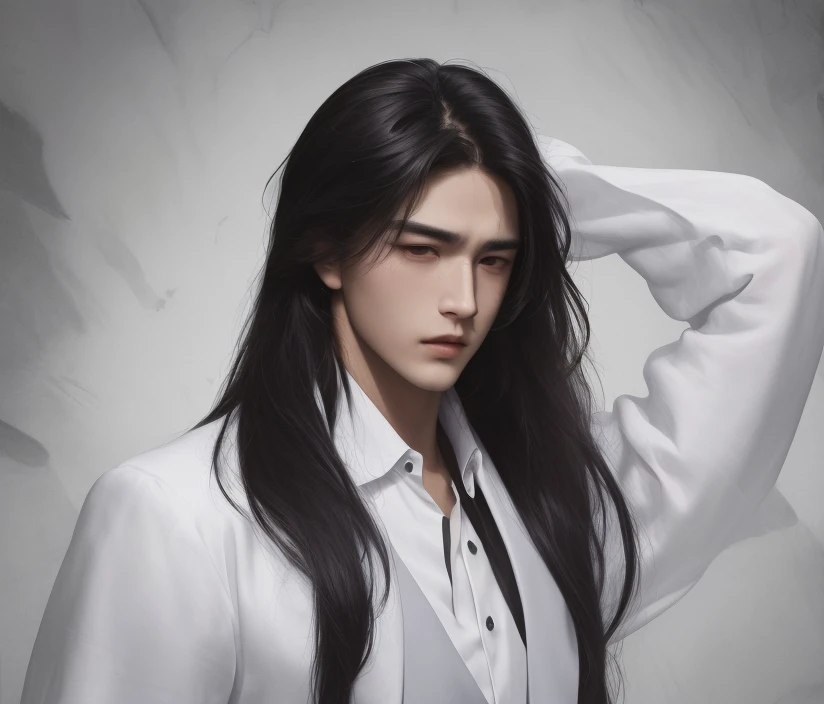 masterpiece, best quality, highres, Man with long black hair,young,Handsome face,(Lateral face) ,solo,sad,