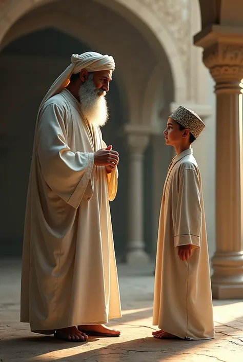 Make a turbaned cleric in a white robe and a young ustadz wearing a peci talking 