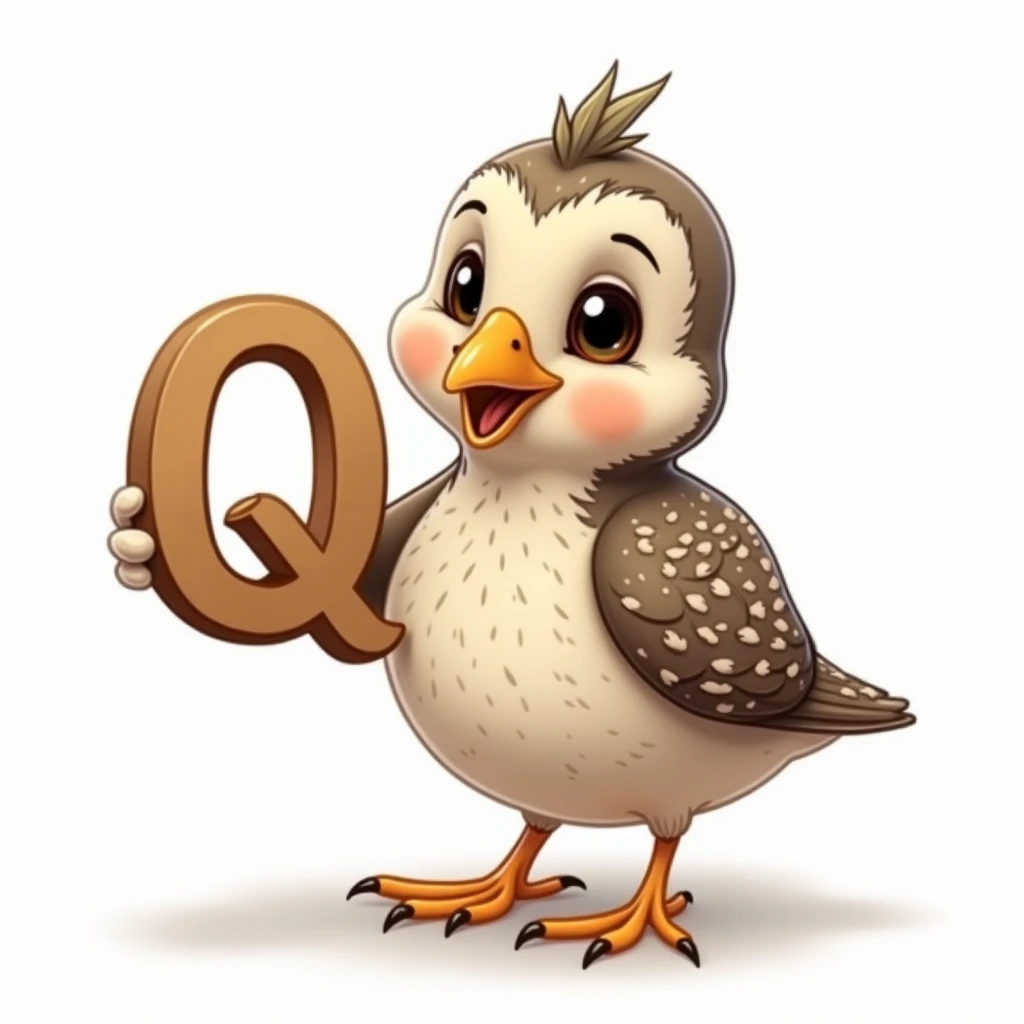 create an image, Cute Quail holding the letter Q Clipart, highly detailed, cute and adorable, on white background.