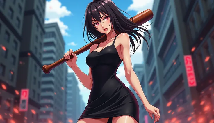 a cute beautiful woman , wearing a black dress , holding a baseball bat preparing for a fight ,  anime style 