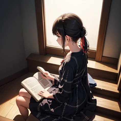 View from side above. 1girl, Solo, is sitting on staircase and reading a book. Wearing a loose pattern long summer dress. Back Hair tied. Black background.