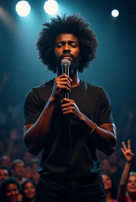 Black man wearing afro hair ,  who are unable to sing using a black microphone, da marca vox academy,  in front of a large audience .