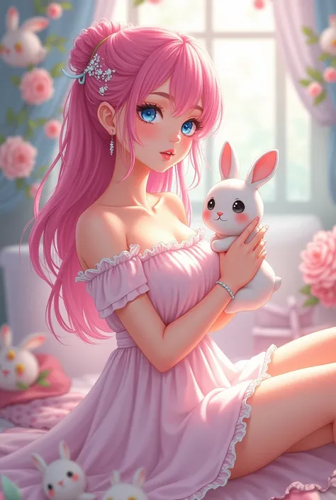  illustration ,  pink hair,  blue eyes , adult, female, cute rabbit statue, Half-tied hair, Long hair,  dress,  off-shoulder, pastel colors, Sexiness